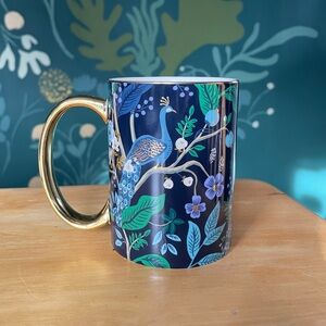 Riffle Paper Company Blue Peacock Porcelain Mug with Gold Handle 16oz